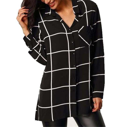 Women Casual Plaid PrinT-Shirt Blouse Long Sleeve Pocket Loose Chiffon Shirts Tops Blusas Femininos IMY66