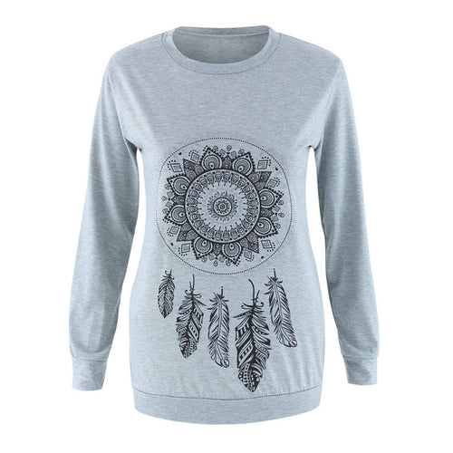 Women Casual Tee Shirts Long Sleeve Feather Printing T-Shirt Tops Tee Shirts femme camisetas y tops IMY66