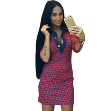 Women Casual Turn-down Collar Dress Sexy Club Dress Straight Slim V-Neck Three Quarter Geometry Print Dress vestido IMY66