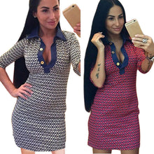 Women Casual Turn-down Collar Dress Sexy Club Dress Straight Slim V-Neck Three Quarter Geometry Print Dress vestido IMY66