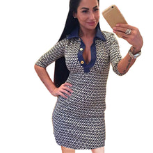 Women Casual Turn-down Collar Dress Sexy Club Dress Straight Slim V-Neck Three Quarter Geometry Print Dress vestido IMY66