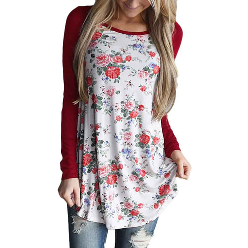 Women Causal T-Shirts Long Sleeve Floral Striped Splicing O-Neck Loose T-Shirt Tee Shirts femme camisetas y tops IMY66