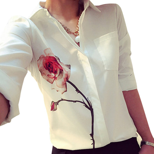 Women Chiffon Blouses Long Sleeve Tops Turn-down Collar Floral Print Office Shirt Blouses blusa feminina IMY66