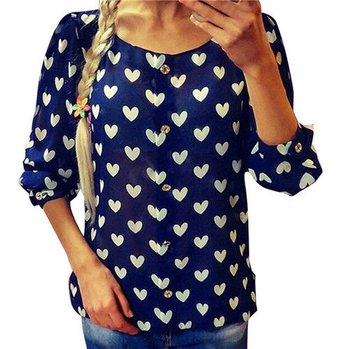 Women Chiffon Blouses Tops Ladies Casual Long Sleeve Shirt Heart Love Print Blouse Loose Shirts blusas femininas IMY66