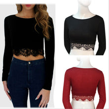 Women Clothing Round Neck Long Sleeve Lace Tassel Bustier Crop Tops Shirt Camisetas Mujer IMY66