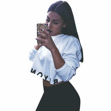 Women Crop Tops Letters Loose Long Sleeve O Neck Short Sweater Tops Shirt Pullovers Tee Shirts Femme camisas feminina IMY66