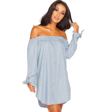Women Denim Dress Ladies Sexy Off Shoulder Long Sleeve Button Dress Causal Loose Shirt Dress Vestidos femininos IMY66