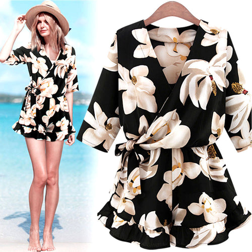 Women Elegant Jumpsuits Floral Print Backless Sexy Club Wear V neck Short Sleeve Plus Size Casual Rompers IMY66