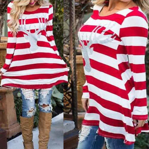 Women Dress Casual Striped Dress Round Neck Elk Print Long Sleeve Loose Dress vestidos feminino IMY66