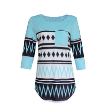 Women Casual Geometry Print T-Shirts Long Sleeve Pocket Cotton Tee Shirt femme Loose camisetas y tops IMY66