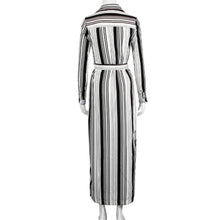 Women Dress Sexy Deep V collar Long Sleeve Open Fork Striped Loose Casual Dress vestidos femininos IMY66