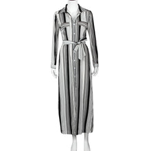 Women Dress Sexy Deep V collar Long Sleeve Open Fork Striped Loose Casual Dress vestidos femininos IMY66