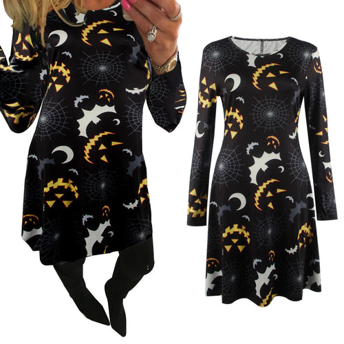Women Halloween Party Dress Girls Casual Bat Print Long Sleeve Round Neck Swing Mini Dress vestidos femininos IMY66