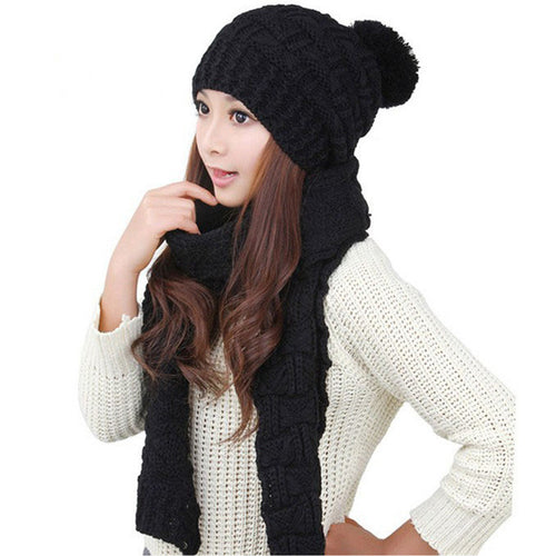 Women Hats Warm Woolen Knit Hood knitted Scarf Shawl Caps Hats Suit For Women Girl Female Suit Bonnet Gorro IMY66