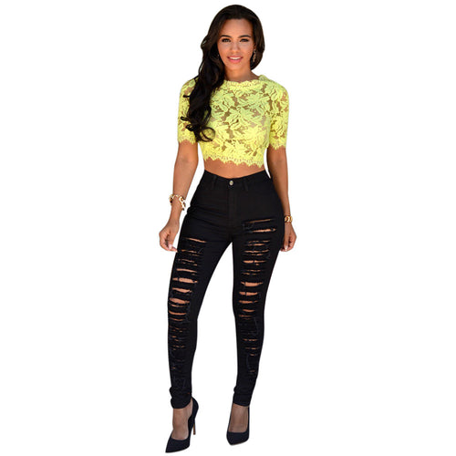 Women Jeans Casual High Street High Waist Ripped Slim Knee Hole Pencil Denim Pants Trousers IMY66