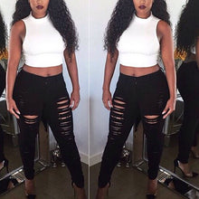 Women Jeans Casual High Street High Waist Ripped Slim Knee Hole Pencil Denim Pants Trousers IMY66