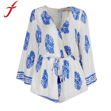 Women Jumpsuit Sexy Deep V Neck Print Drawstring Flare Sleeve Mono Mujer Rompers Playsuit Macacao Feminino IMY66