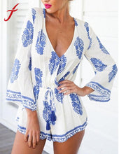 Women Jumpsuit Sexy Deep V Neck Print Drawstring Flare Sleeve Mono Mujer Rompers Playsuit Macacao Feminino IMY66