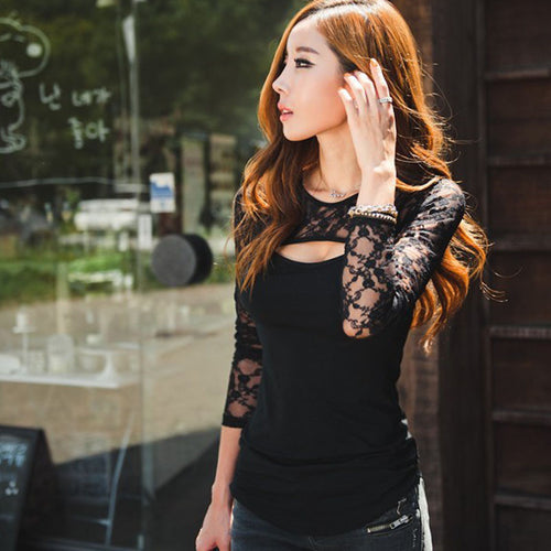 Women Lace T-Shirts Sexy Open Chest O-Neck Long Sleeve Lady Tee Shirt Femme Camisetas Mujer Casual Tops Plus Size S-XXXL IMY66