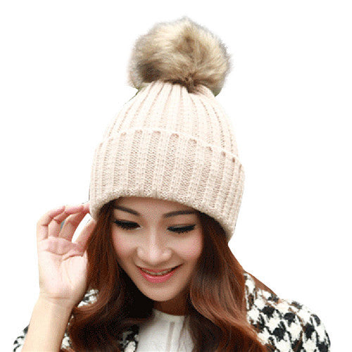 Women Lady Girl Warm Cap Wool Crochet Knitted Detachable Raccoon Fur Pom Beanie Bobble Ski Skull Hat Bonnet femme IMY66