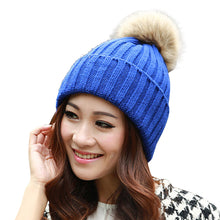 Women Lady Girl Warm Cap Wool Crochet Knitted Detachable Raccoon Fur Pom Beanie Bobble Ski Skull Hat Bonnet femme IMY66