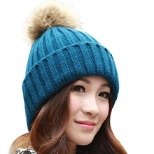 Women Lady Girl Warm Cap Wool Crochet Knitted Detachable Raccoon Fur Pom Beanie Bobble Ski Skull Hat Bonnet femme IMY66