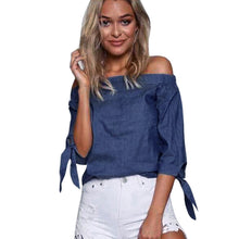 Women Lady Sexy Off Shoulder Blouse Casual Tie Sleeve Denim Jeans Shirts Tops Blouses blusas femininas IMY66