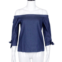 Women Lady Sexy Off Shoulder Blouse Casual Tie Sleeve Denim Jeans Shirts Tops Blouses blusas femininas IMY66
