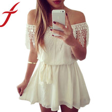 Women Lady Sexy Off Shoulder Lace Crochet Chiffon Short Sleeve Party Club White Mini Dress vestido femininos de festa IMY66