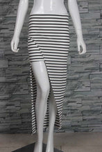 Women Lady Casual Beach Irregular Cut Out Black White Striped Asymmetric Midi Bandage Skirt IMY66