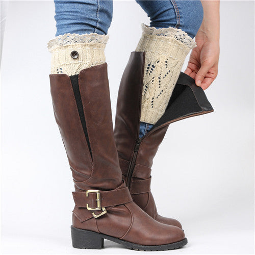 Women Leg Warmer Lace Hollow Out Button Crochet Knitted Leg Warmers Plush Cover Trim Socks boot cuff IMY66