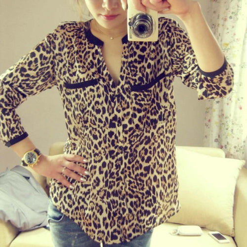 Women Long Sleeve Leopard Print Chiffon Shirt Slim Casual Blouses Top Camisa Feminina Plus Size IMY66