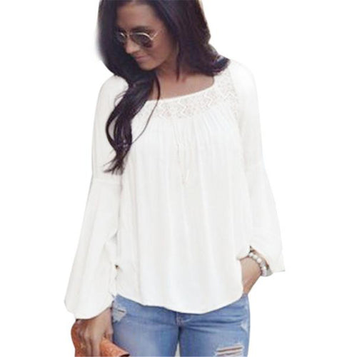 Women Loose Chiffon Blouse Ladies Sexy Hollow Backless Lace Tops shirt Casual Shirt blusa feminina IMY66