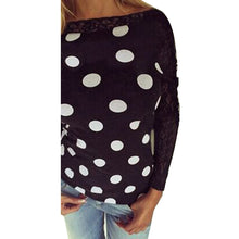 Women Loose Dot Print Tee Shirts femme Sexy Long Sleeve Lace Splice Casual Vest Tops T-Shirt camisetas y top IMY66