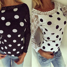 Women Loose Dot Print Tee Shirts femme Sexy Long Sleeve Lace Splice Casual Vest Tops T-Shirt camisetas y top IMY66