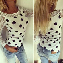 Women Loose Dot Print Tee Shirts femme Sexy Long Sleeve Lace Splice Casual Vest Tops T-Shirt camisetas y top IMY66