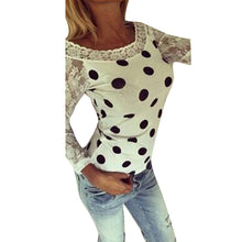 Women Loose Dot Print Tee Shirts femme Sexy Long Sleeve Lace Splice Casual Vest Tops T-Shirt camisetas y top IMY66