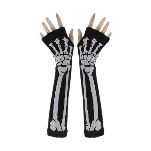 Women Men Knitted Gloves Punk Gothic Skull Skeleton Halloween Long Arm Warmer Dress Female Fingerless Gloves IMY66