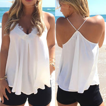 Women Casual Chiffon Blouse Sexy Strap Backless V Neck Lace Sleeveless Shirt Tank Tops Blusas IMY66