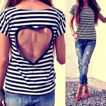 Women Casual Heart Hollow Backless Black&White Striped Short Sleeve T-shirts Tops Size S-XXL IMY66