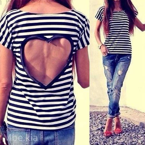 Women Casual Heart Hollow Backless Black&White Striped Short Sleeve T-shirts Tops Size S-XXL IMY66