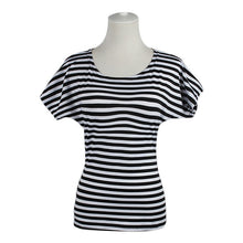 Women Casual Heart Hollow Backless Black&White Striped Short Sleeve T-shirts Tops Size S-XXL IMY66