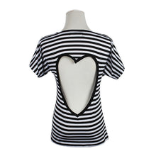 Women Casual Heart Hollow Backless Black&White Striped Short Sleeve T-shirts Tops Size S-XXL IMY66