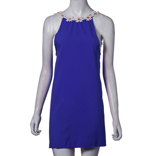 Women Dress Sexy Backless Flower Embroidery Sleeveless Chiffon Party Beach Mini Dress vestidos femininos IMY66