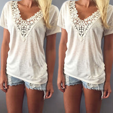 Women Lace Crochet T-Shirts Sexy V Neck Short Sleeve Vest Tops Casual Tee Shirt Female blusas IMY66