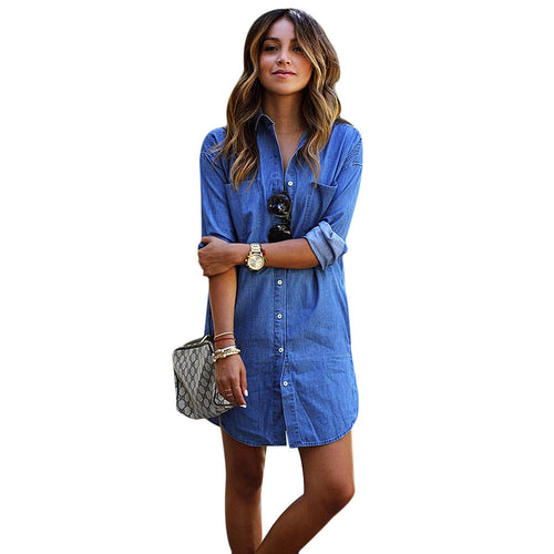 plus size Women Long Sleeve Denim Cowboy Long Shirt Casual Tops Shirt Dress women clothes blusas y camisas mujer IMY66