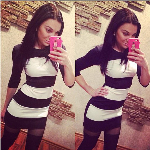 vestidos femininos Plus Size Women Sexy Party Dresses Half Sleeve Bandage Stripe Patchwork White Black Dress IMY66