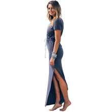 vestidos femininos Women Casual Cotton Slender Short Sleeve Waist Line Pencil Furcal Long Maxi Shirt Dress IMY66