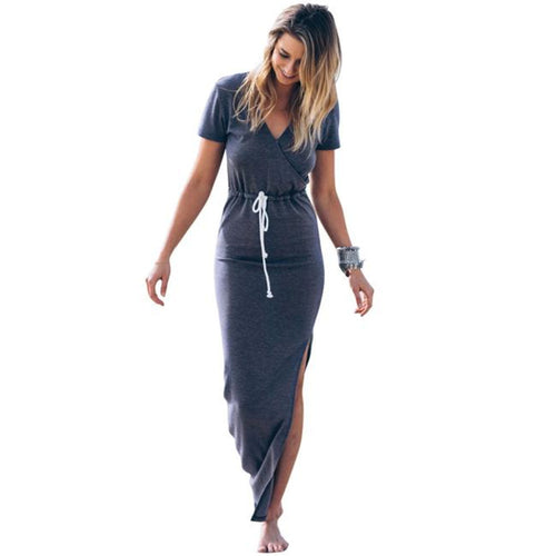 vestidos femininos Women Casual Cotton Slender Short Sleeve Waist Line Pencil Furcal Long Maxi Shirt Dress IMY66