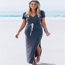 vestidos femininos Women Casual Cotton Slender Short Sleeve Waist Line Pencil Furcal Long Maxi Shirt Dress IMY66